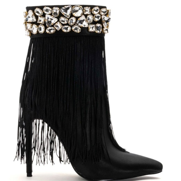 AZALEA WANG AVERI EMBELLISHED FRINGE BOOTIE IN BLACK - Picture 6 of 7